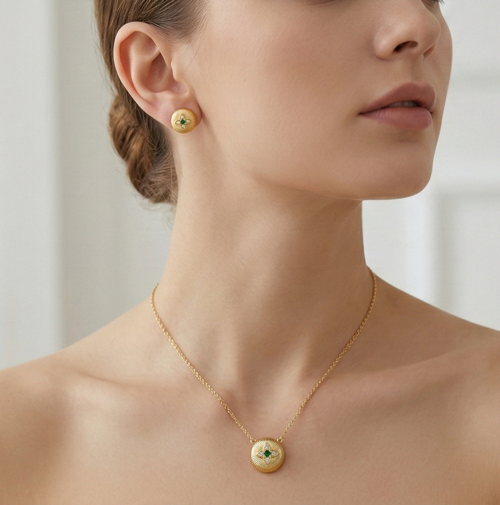 LUXE 925 Sterling Silver Yellow Gold Plated Ribbed Floral Pendant Necklace and Stud Earrings Jewellery Set for Women