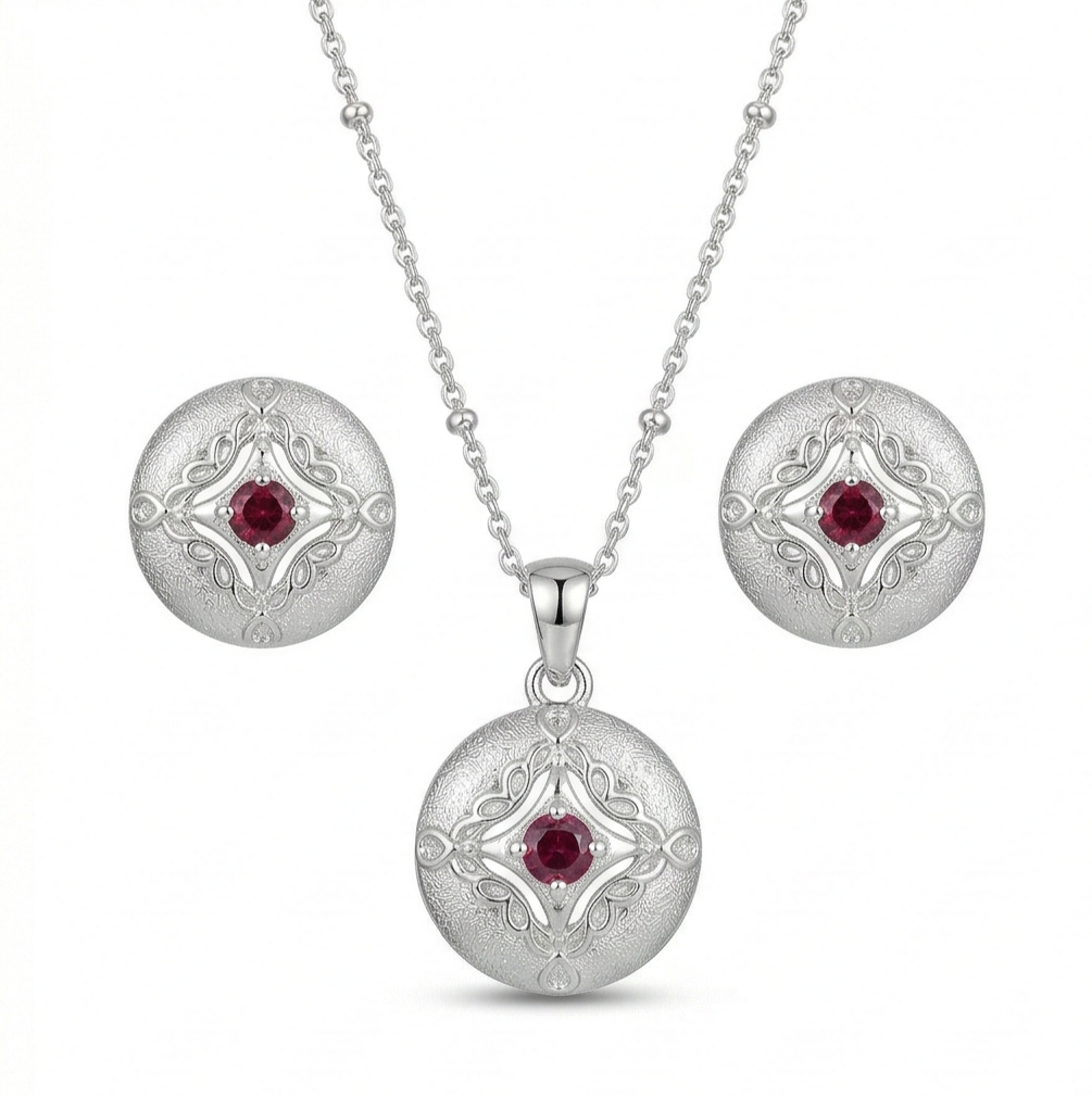 LUXE 925 Sterling Silver Vintage Round Filigree Pendant Necklace and Stud Earrings Jewellery Set for Women