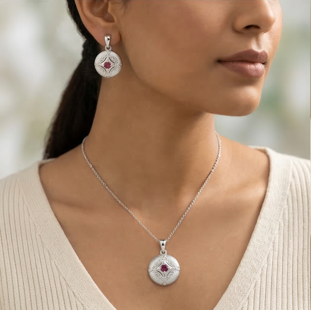 LUXE 925 Sterling Silver Vintage Round Filigree Pendant Necklace and Stud Earrings Jewellery Set for Women