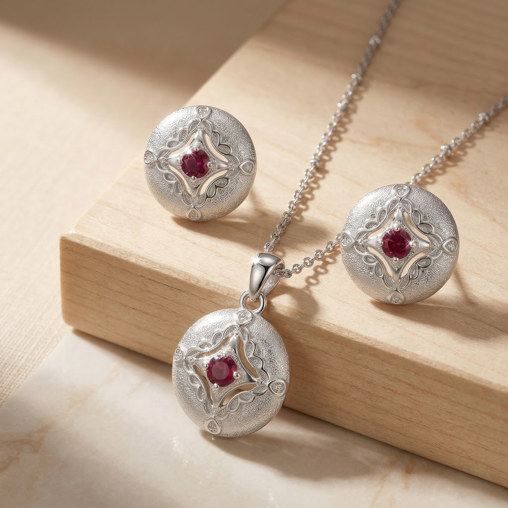 LUXE 925 Sterling Silver Vintage Round Filigree Pendant Necklace and Stud Earrings Jewellery Set for Women