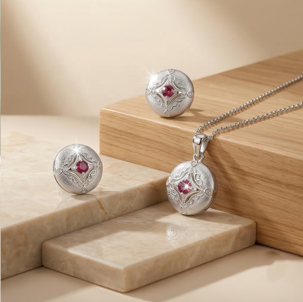 LUXE 925 Sterling Silver Vintage Round Filigree Pendant Necklace and Stud Earrings Jewellery Set for Women