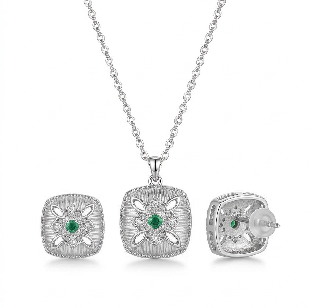LUXE 925 Sterling Silver Cushion Cut Ribbed Floral Pendant Necklace and Stud Earrings Jewellery Set for Women