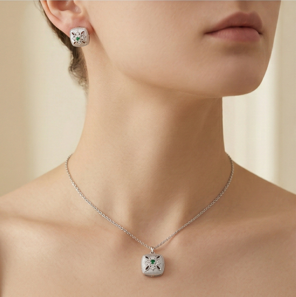 LUXE 925 Sterling Silver Cushion Cut Ribbed Floral Pendant Necklace and Stud Earrings Jewellery Set for Women