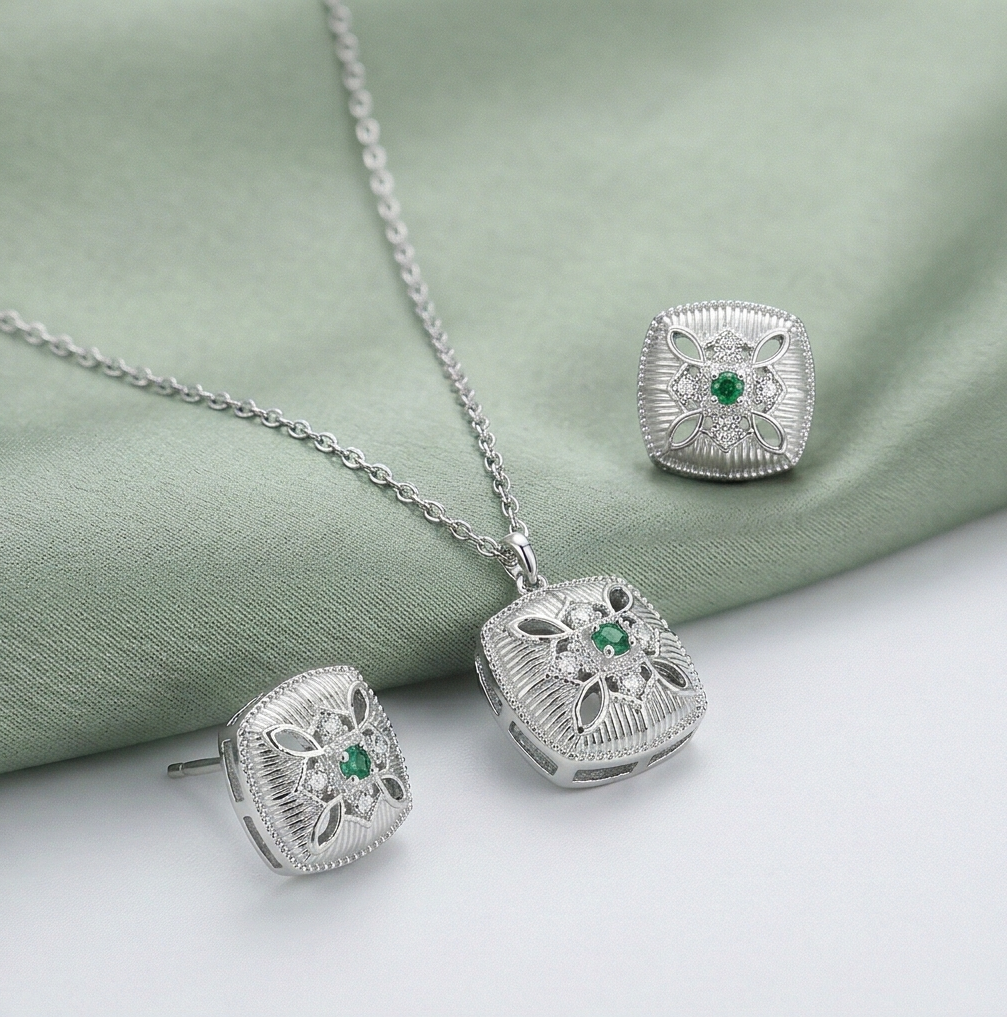 LUXE 925 Sterling Silver Cushion Cut Ribbed Floral Pendant Necklace and Stud Earrings Jewellery Set for Women