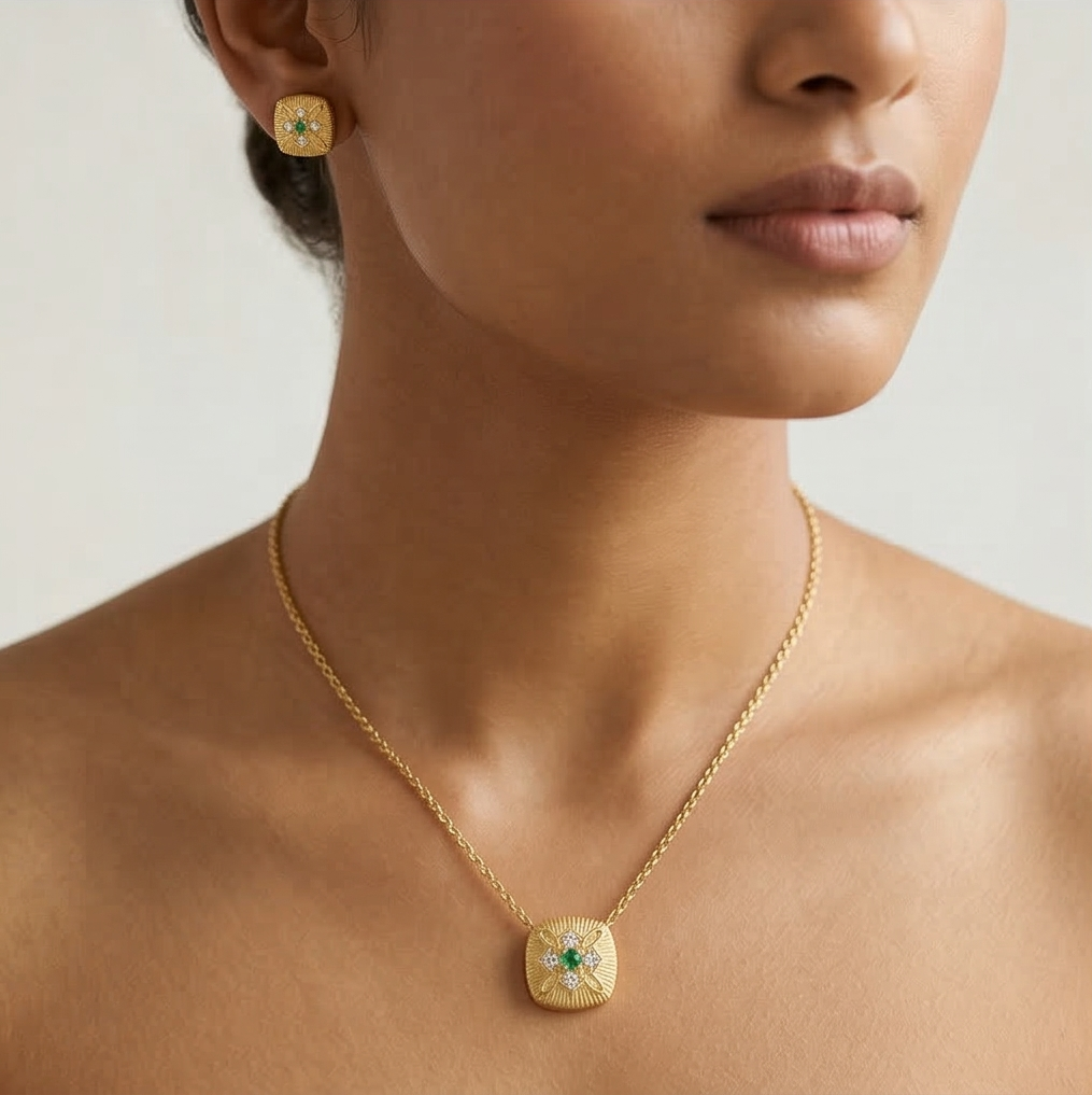 LUXE 925 Sterling Silver Textured Cushion Pendant Necklace and Earrings Set Yellow Gold Finish Vintage Jewellery