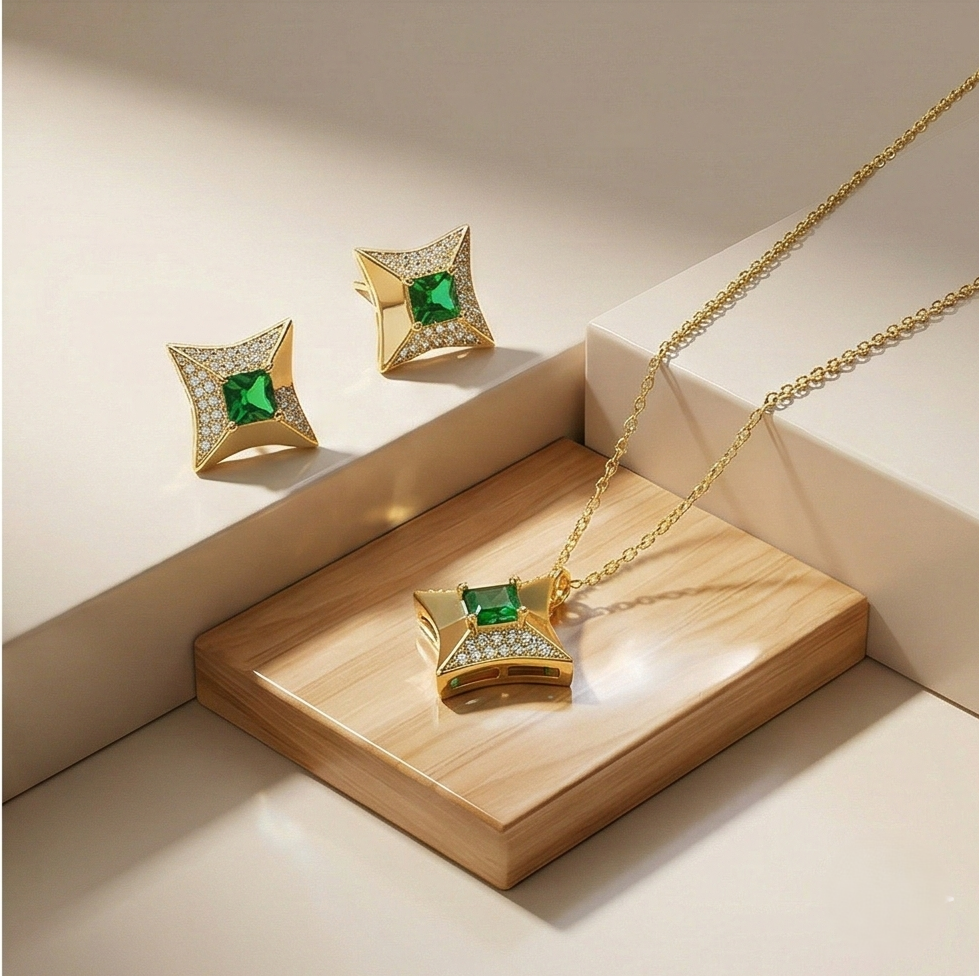 LUXE 925 Sterling Silver Four-Point Star Pendant Necklace and Earrings Set Yellow Gold Finish Statement Jewellery