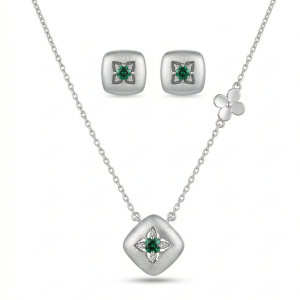 LUXE 925 Sterling Silver Cushion Floral Pendant Necklace and Stud Earrings Set Matte Finish Fine Jewellery