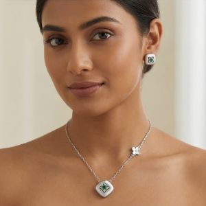 LUXE 925 Sterling Silver Cushion Floral Pendant Necklace and Stud Earrings Set Matte Finish Fine Jewellery