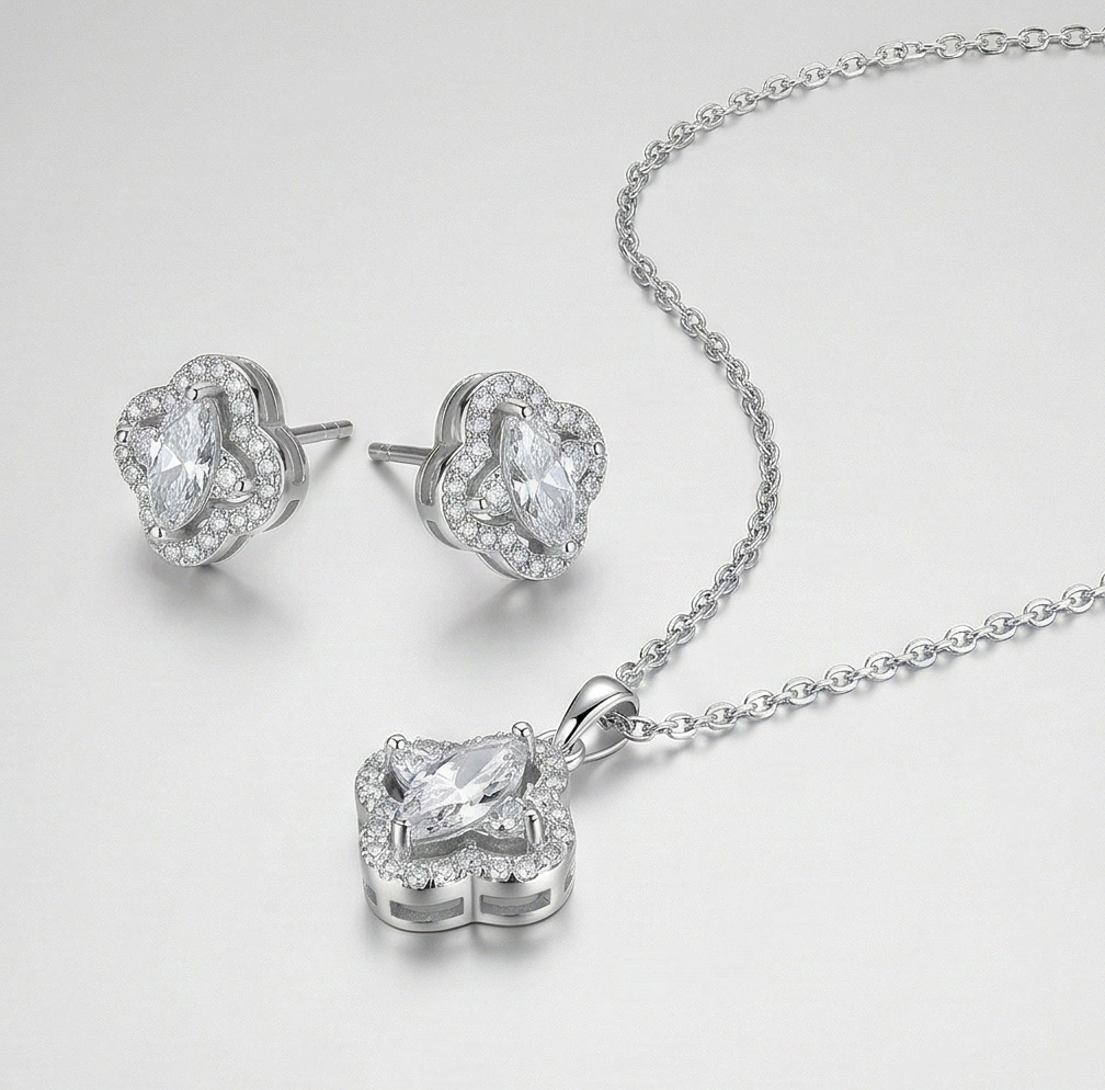 LUXE 925 Sterling Silver Quatrefoil Halo Pendant Necklace and Earrings Set High Polish Finish Fine Jewellery