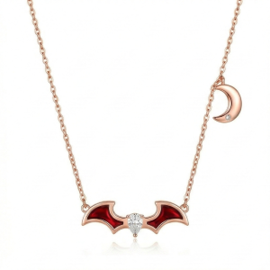 LUXE 925 Sterling Silver Red Enamel Bat Wing and Moon Pendant Necklace Rose Gold Finish Themed Jewellery