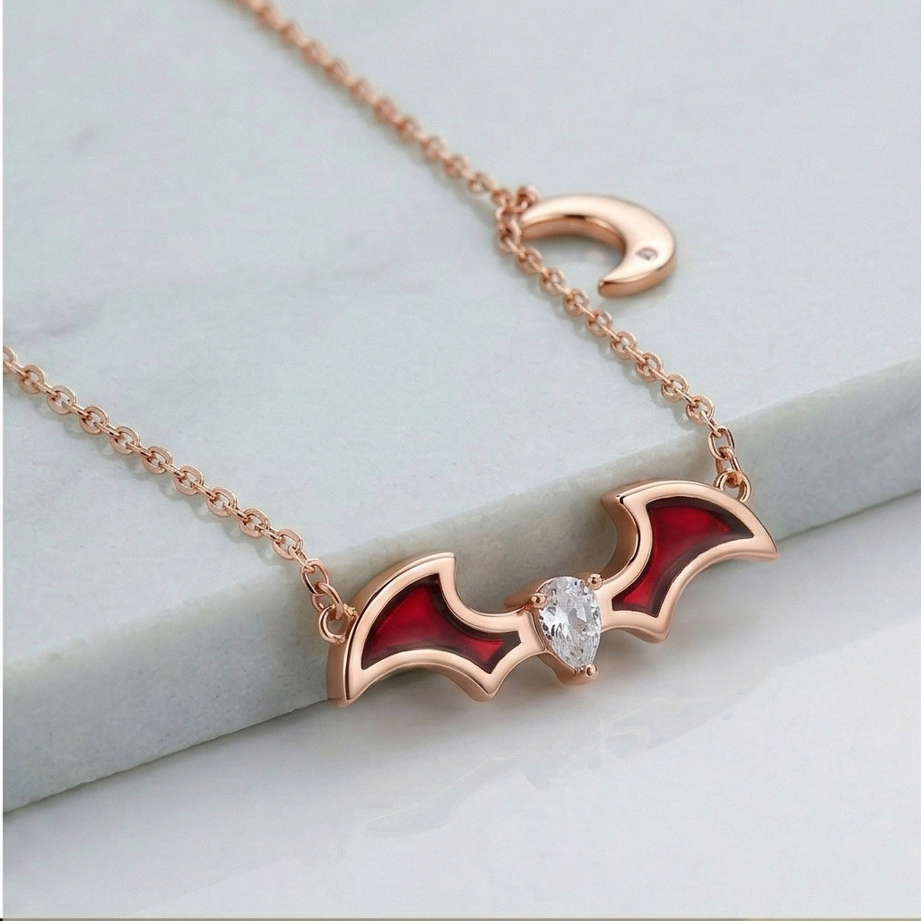 LUXE 925 Sterling Silver Red Enamel Bat Wing and Moon Pendant Necklace Rose Gold Finish Themed Jewellery