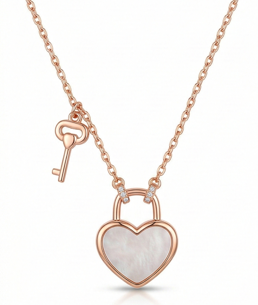 LUXE 925 Sterling Silver Rose Gold Plated Heart Lock and Key Pendant Necklace Jewellery