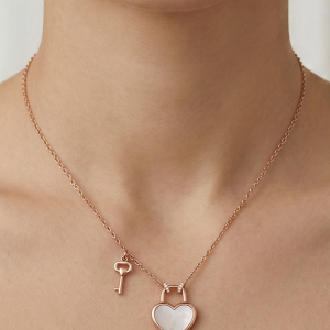 LUXE 925 Sterling Silver Rose Gold Plated Heart Lock and Key Pendant Necklace Jewellery