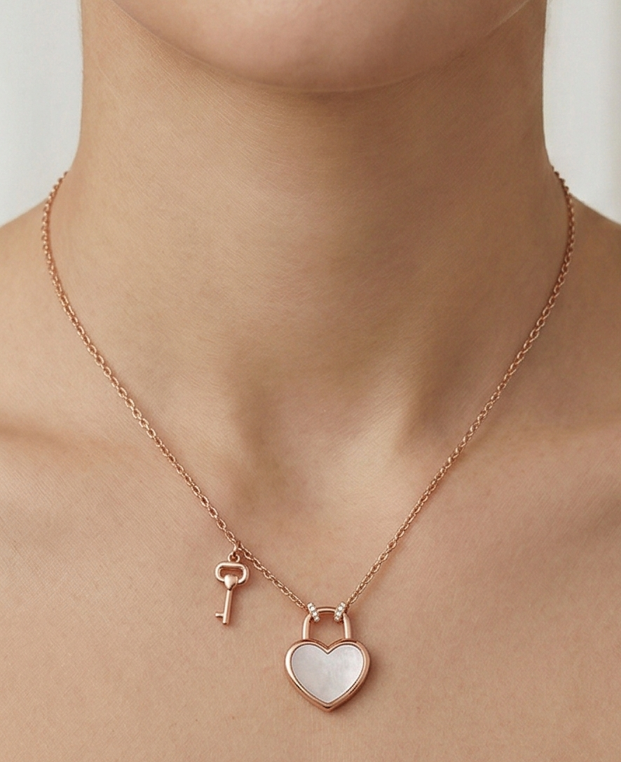 LUXE 925 Sterling Silver Rose Gold Plated Heart Lock and Key Pendant Necklace Jewellery