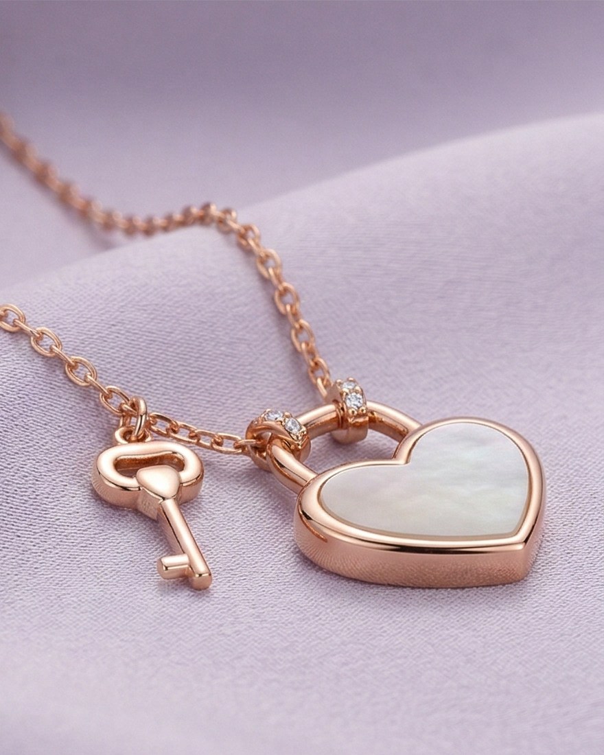 LUXE 925 Sterling Silver Rose Gold Plated Heart Lock and Key Pendant Necklace Jewellery
