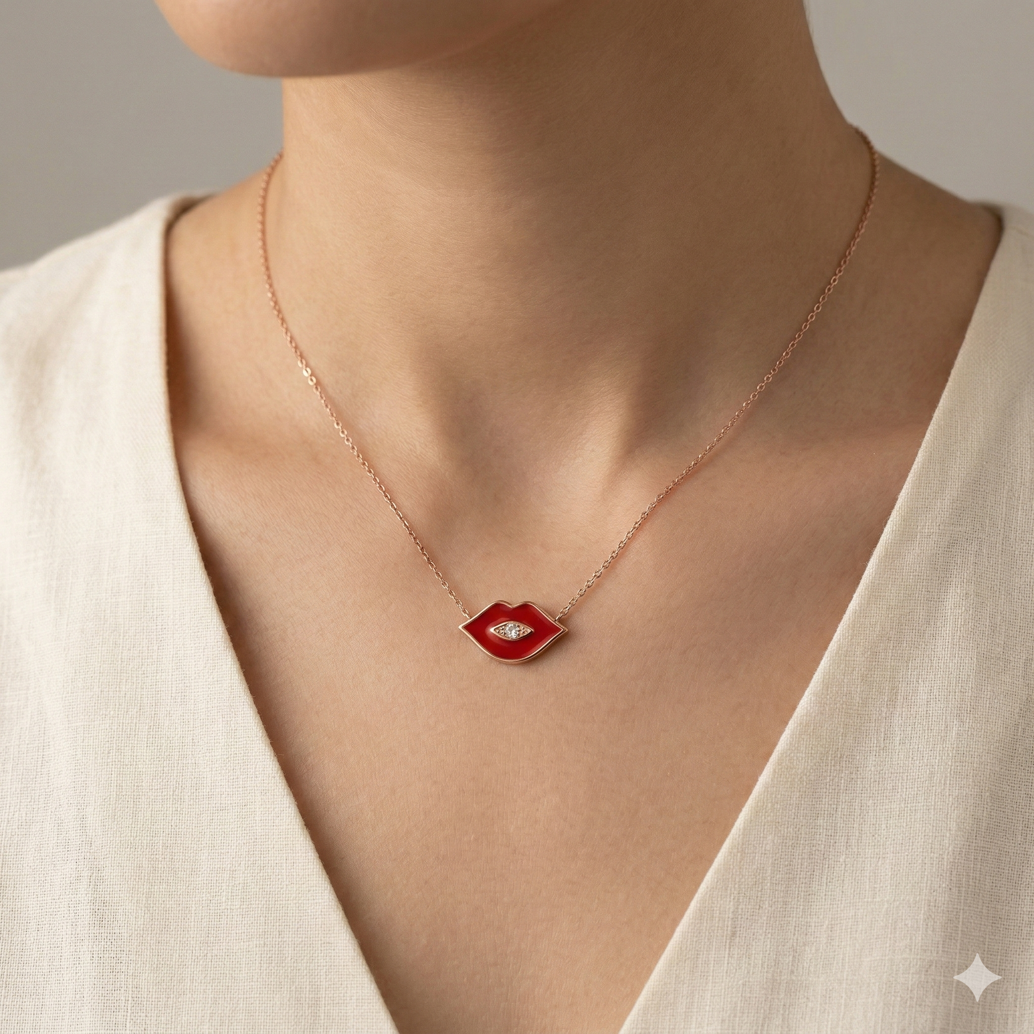 LUXE 925 Sterling Silver Rose Gold Plated Red Lips Evil Eye Necklace Quirky Jewellery