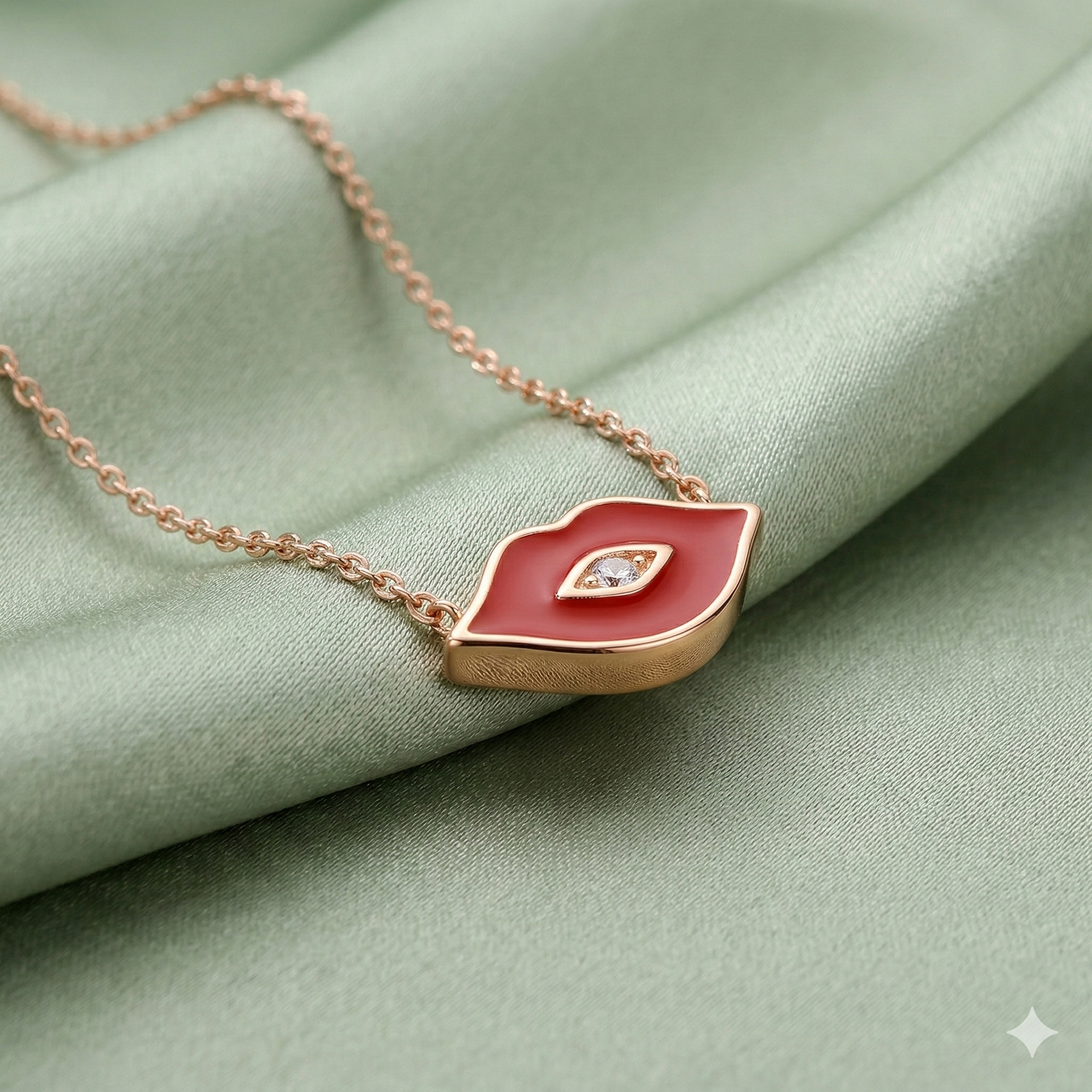 LUXE 925 Sterling Silver Rose Gold Plated Red Lips Evil Eye Necklace Quirky Jewellery