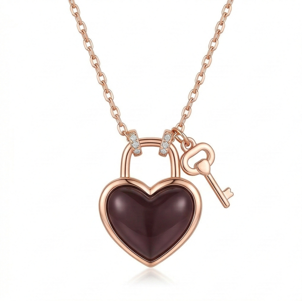 LUXE 925 Sterling Silver Rose Gold Plated Dark Heart Lock and Key Necklace Jewellery