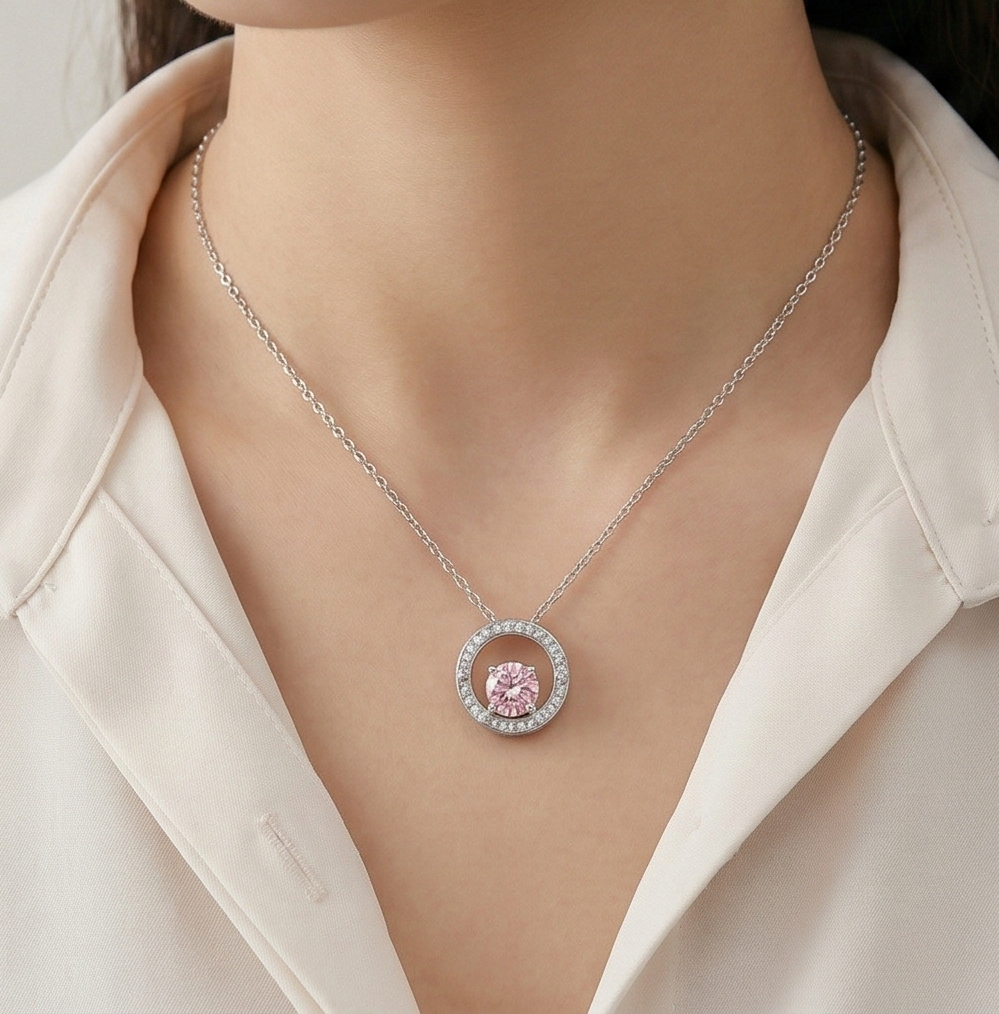 LUXE 925 Sterling Silver Rhodium Plated Pink Center Floating Halo Necklace Jewellery