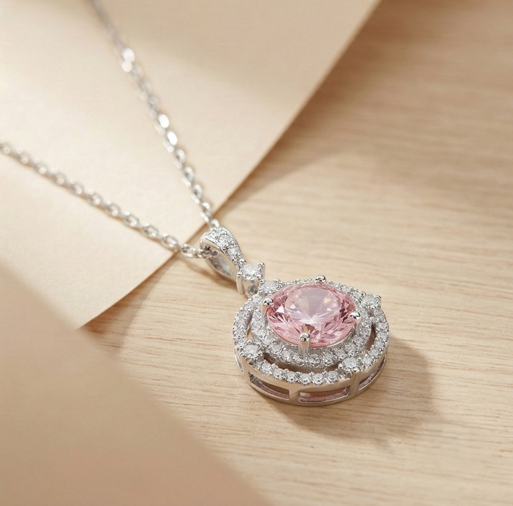 LUXE 925 Sterling Silver Rhodium Plated Pink Stone Double Halo Pendant Necklace Jewellery