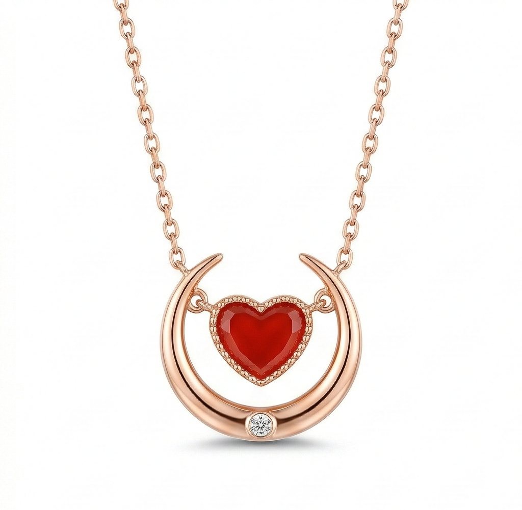 LUXE 925 Sterling Silver Rose Gold Plated Crescent Moon and Red Heart Necklace Jewellery