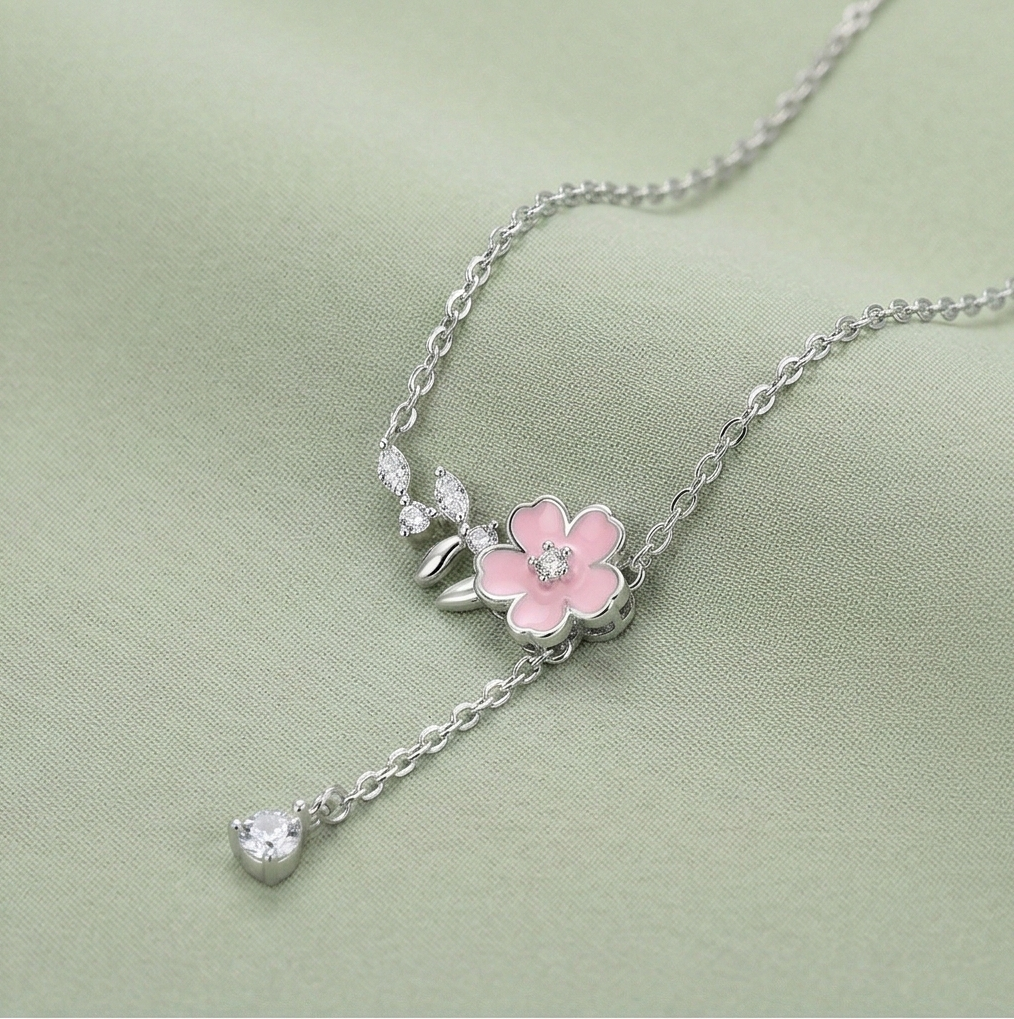LUXE 925 Sterling Silver Rhodium Plated Pink Flower Drop Lariat Necklace Jewellery