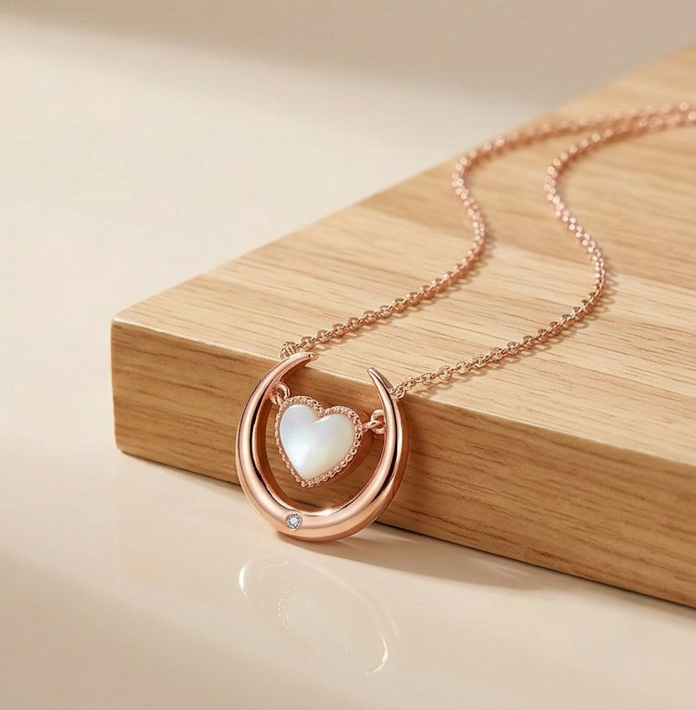 LUXE 925 Sterling Silver Crescent Moon and Heart Pearl Pendant Necklace Rose Gold Finish Fine Jewellery for Women