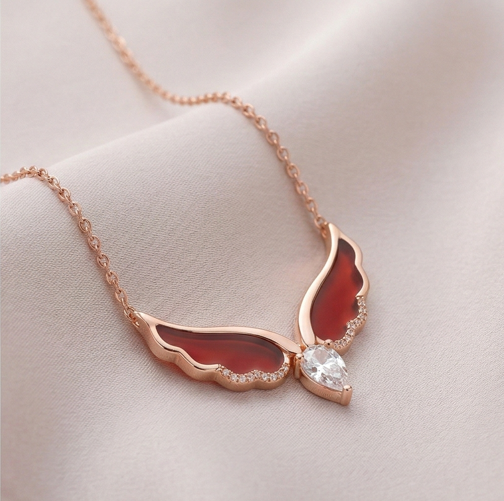 LUXE 925 Sterling Silver Red Wing Teardrop Pendant Necklace Rose Gold Finish Fine Jewellery for Women