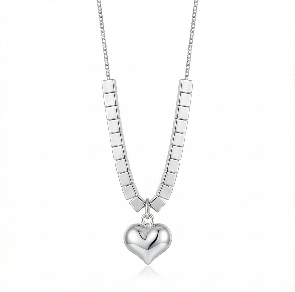 LUXE 925 Sterling Silver Puffed Heart Cube Link Pendant Necklace High Polish Rhodium Finish Fine Jewellery for Women