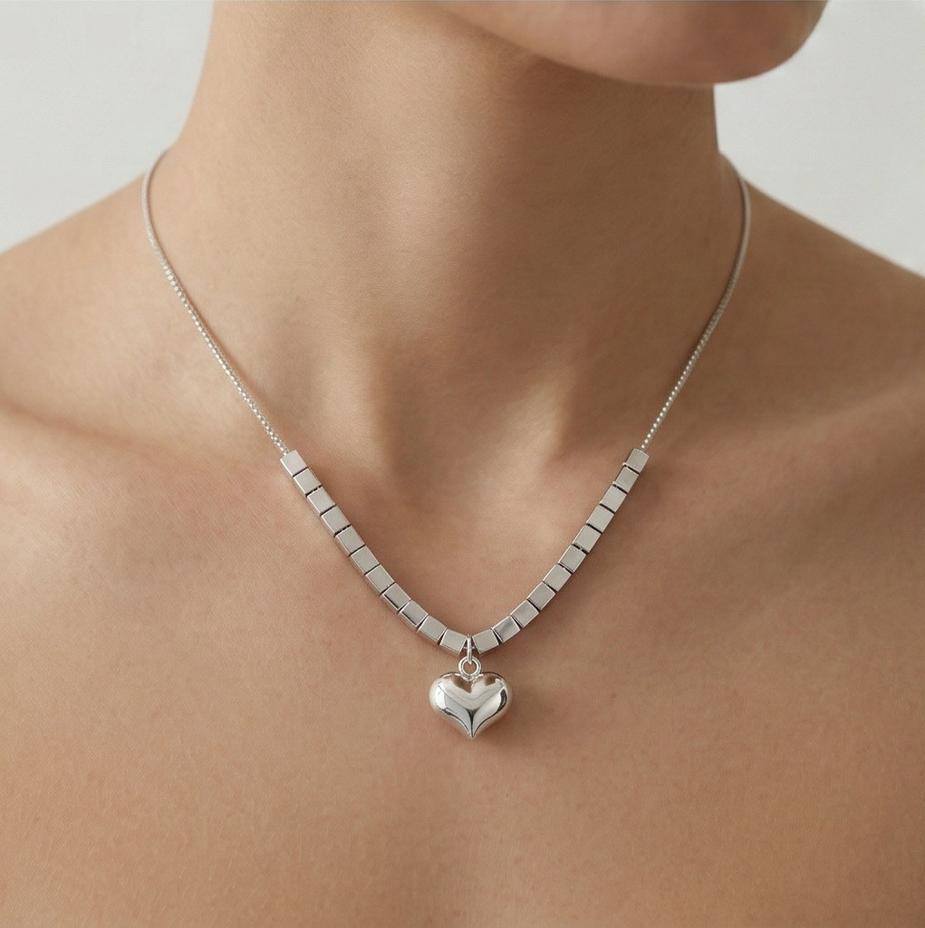 LUXE 925 Sterling Silver Puffed Heart Cube Link Pendant Necklace High Polish Rhodium Finish Fine Jewellery for Women