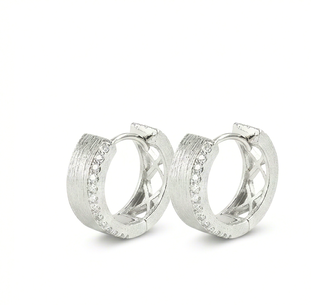 LUXE 925 Sterling Silver Brushed Cut-Out Lattice Hoop Earrings High Polish Rhodium Finish Fine Jewellery for Women