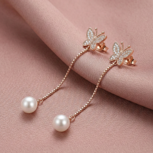 LUXE 925 Sterling Silver Butterfly Pearl Drop Dangle Earrings Rose Gold Finish Fine Jewellery for Women