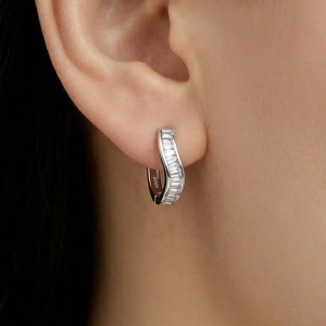 LUXE 925 Sterling Silver High Polish Rhodium Wavy Baguette Huggie Hoop Earrings Modern Minimalist Jewellery