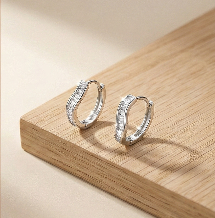 LUXE 925 Sterling Silver High Polish Rhodium Wavy Baguette Huggie Hoop Earrings Modern Minimalist Jewellery