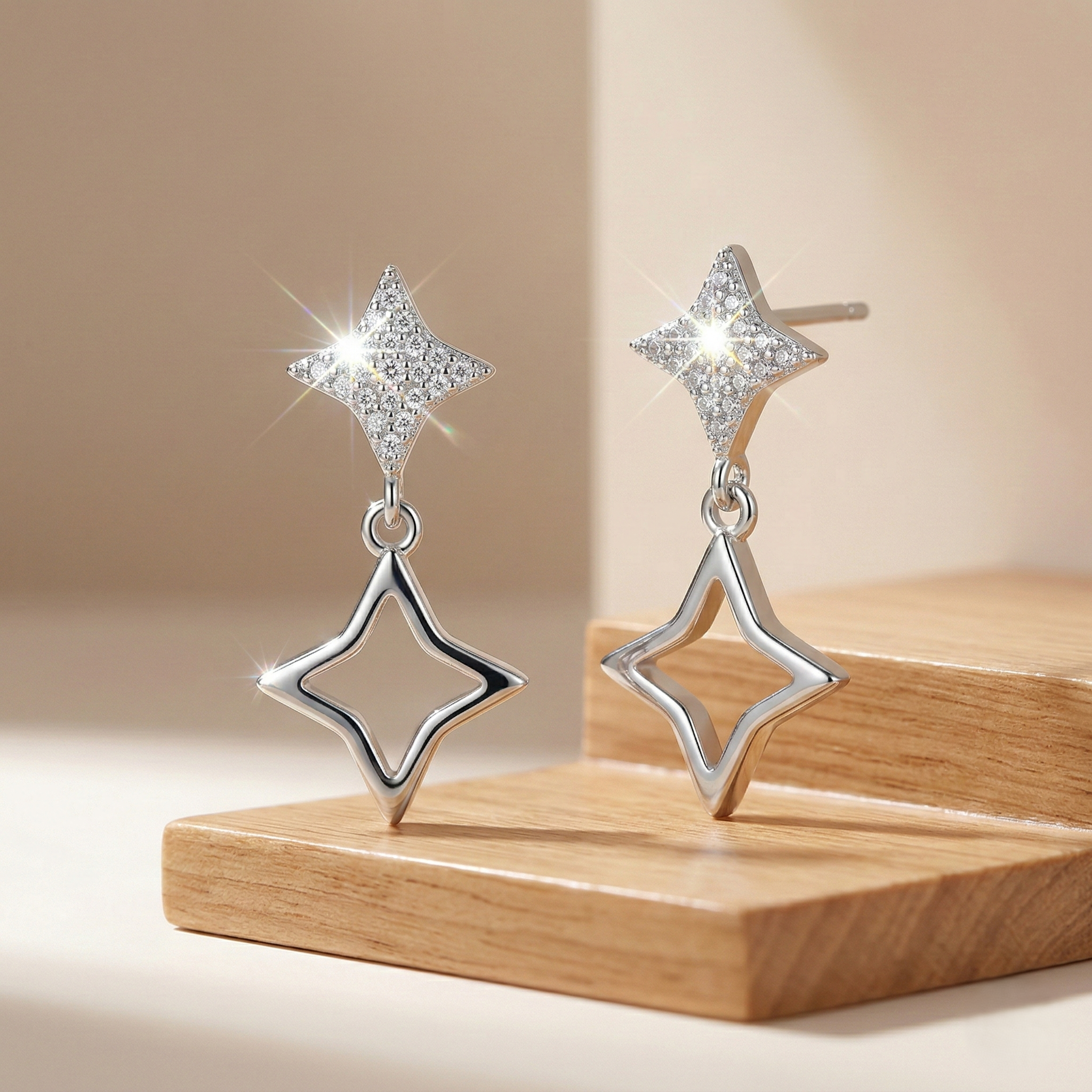LUXE 925 Sterling Silver High Polish Open Star Drop Earrings Jewellery for Women