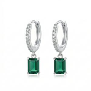 LUXE 925 Sterling Silver Emerald Cut Green Drop Hoop Earrings Jewellery for Women