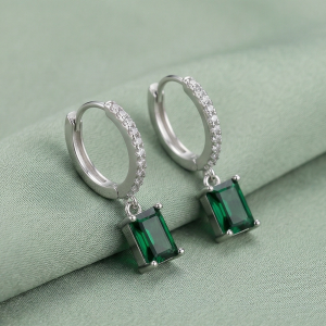 LUXE 925 Sterling Silver Emerald Cut Green Drop Hoop Earrings Jewellery for Women