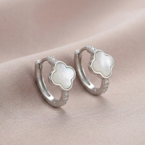 LUXE 925 Sterling Silver High Polish MOP Clover Drop Hoop Earrings Jewellery for Women