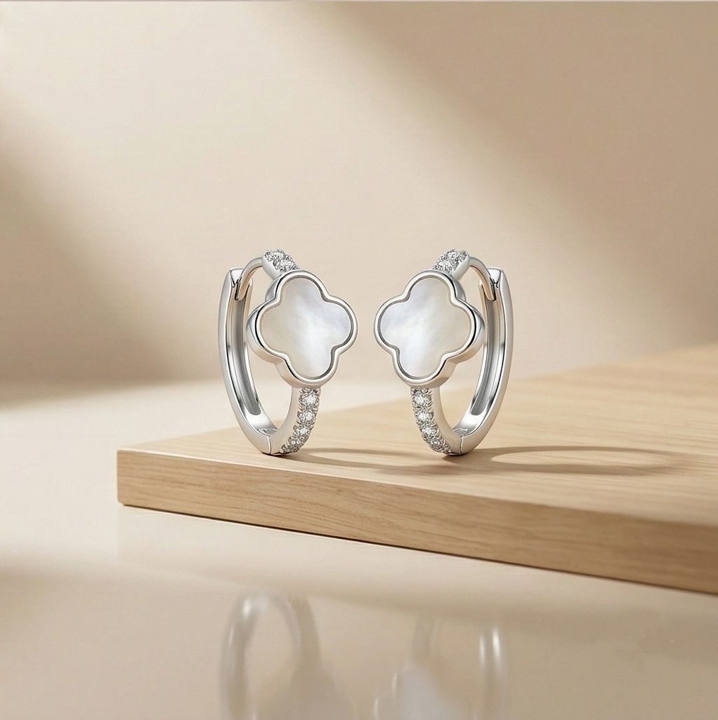 LUXE 925 Sterling Silver High Polish MOP Clover Drop Hoop Earrings Jewellery for Women