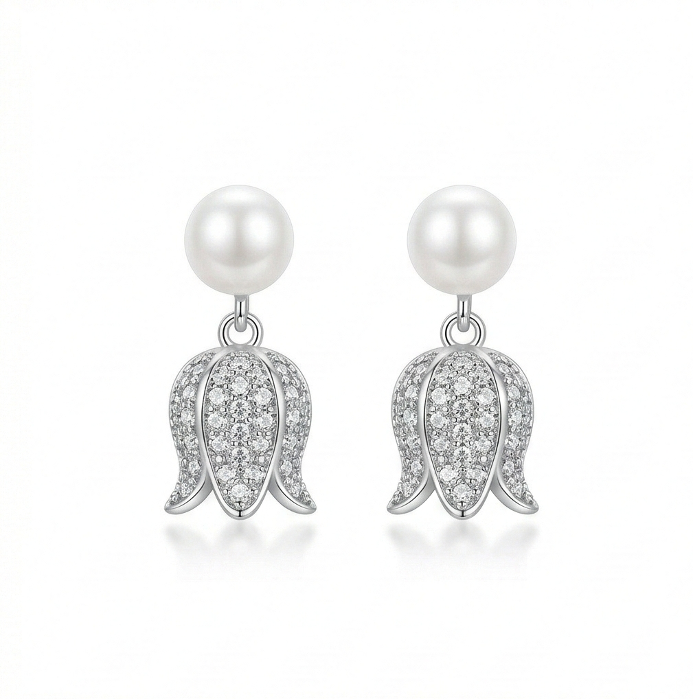 LUXE 925 Sterling Silver High Polish Pearl and Tulip Drop Earrings Jewellery for Women