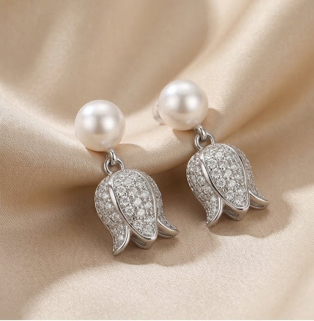 LUXE 925 Sterling Silver High Polish Pearl and Tulip Drop Earrings Jewellery for Women
