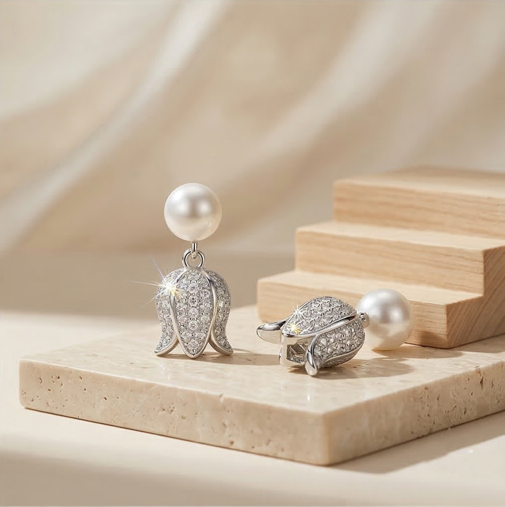 LUXE 925 Sterling Silver High Polish Pearl and Tulip Drop Earrings Jewellery for Women