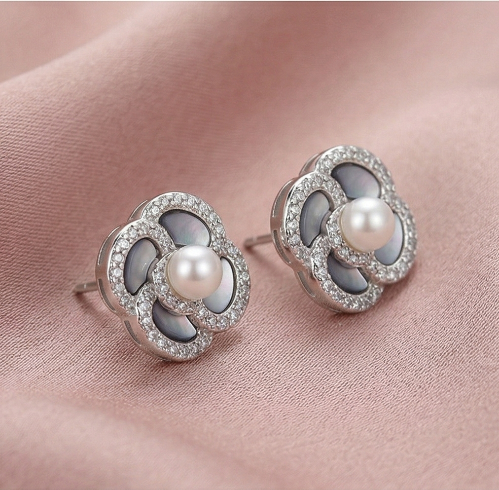 LUXE 925 Sterling Silver High Polish Pearl Center Floral Stud Earrings Jewellery for Women