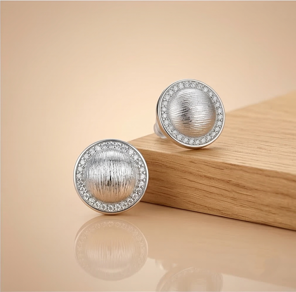 LUXE 925 Sterling Silver Textured Dome Halo Stud Earrings Rhodium Finish Statement Jewellery for Women