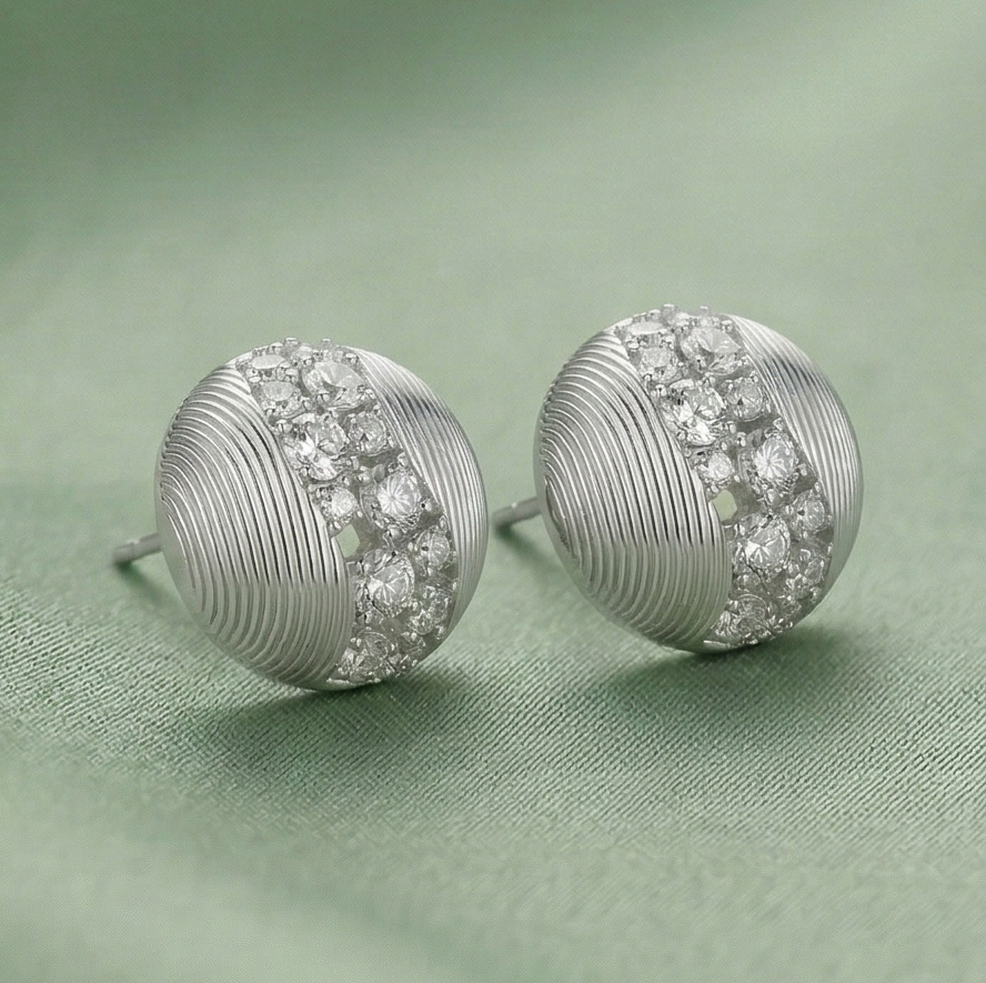 LUXE 925 Sterling Silver Textured Round Stud Earrings Rhodium Finish Contemporary Jewellery for Women