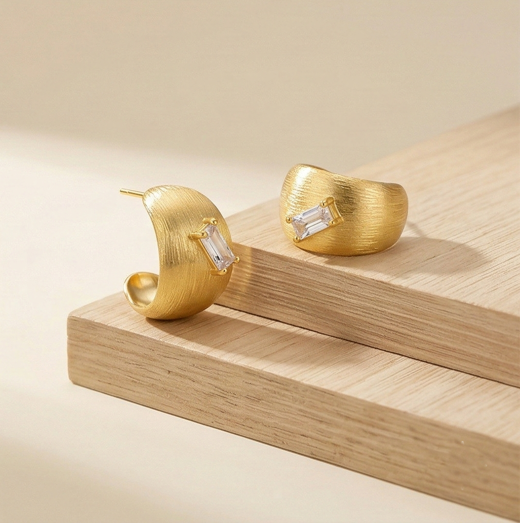 LUXE 925 Sterling Silver Gold Plated Brushed Wide C-Hoop Stud Earrings Jewellery for Women