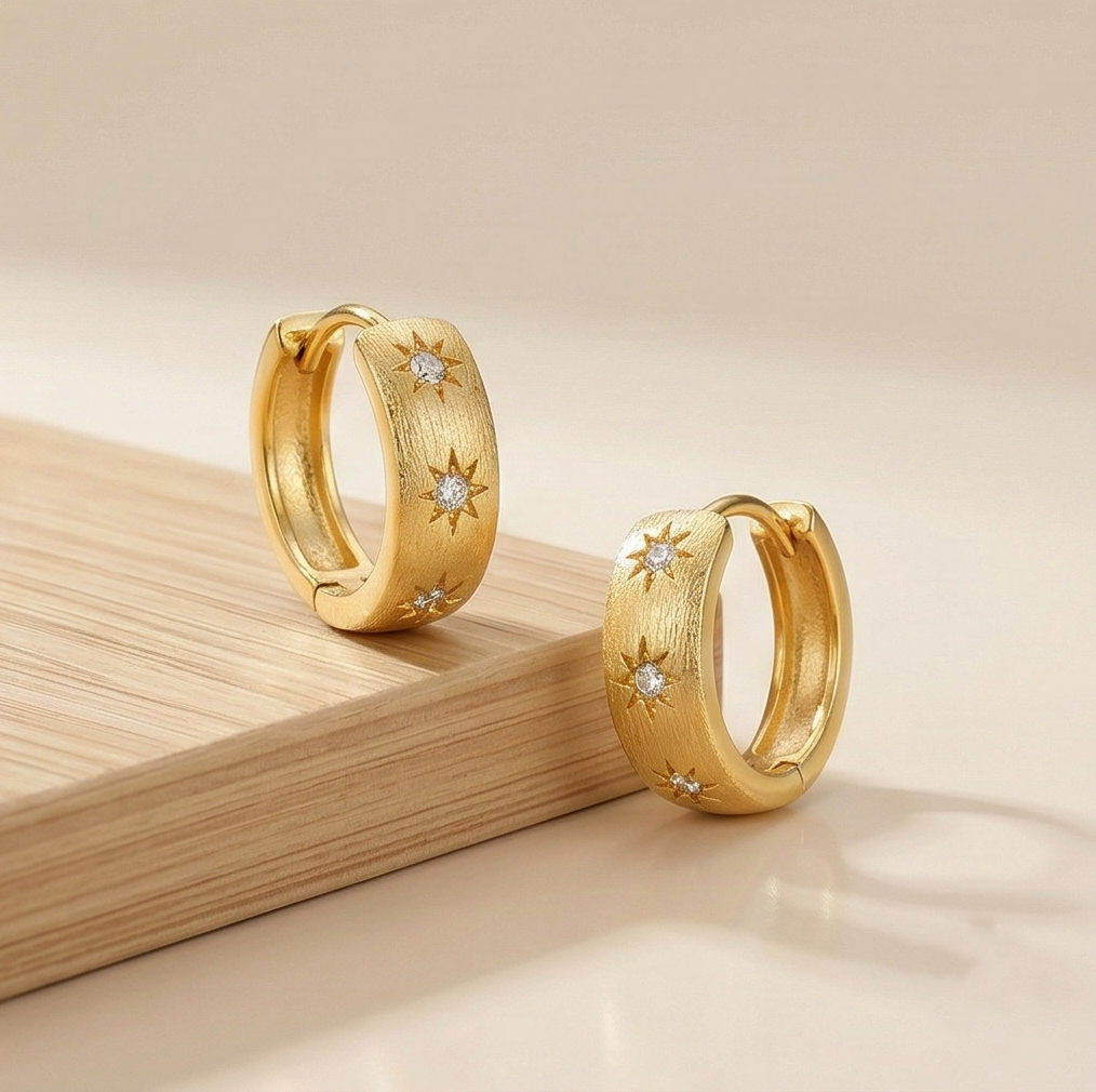 LUXE 925 Sterling Silver Gold Plated Brushed Starburst Hoop Earrings Jewellery for Women