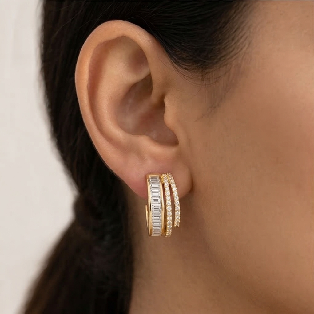 LUXE 925 Sterling Silver Gold Plated Multi-Row Hoop Earrings Statement Jewellery