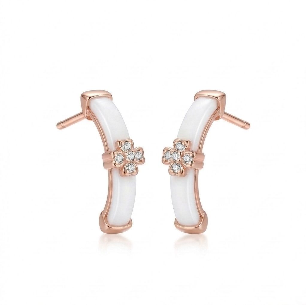 LUXE 925 Sterling Silver Rose Gold Plated Clover Enamel Curved Stud Earrings Jewellery for Women