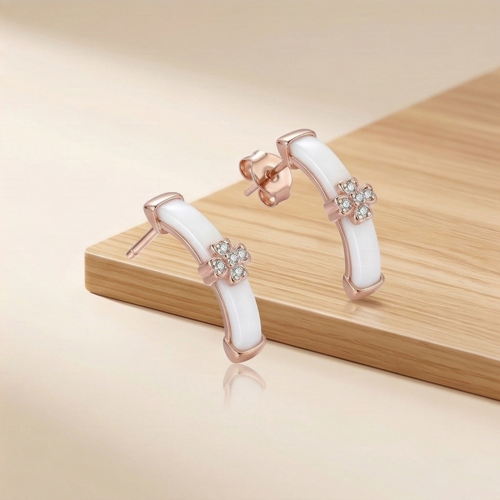LUXE 925 Sterling Silver Rose Gold Plated Clover Enamel Curved Stud Earrings Jewellery for Women